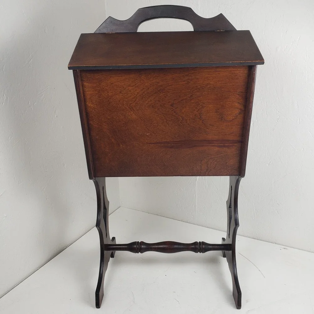 Vintage Priscilla Wooden Sewing Box On Stand Removable Tray Dark Brown Storage